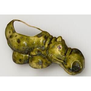 Vintage 1970’s House Hippo Hippopotamus Planter Green Brown Glazed 9x5x5”